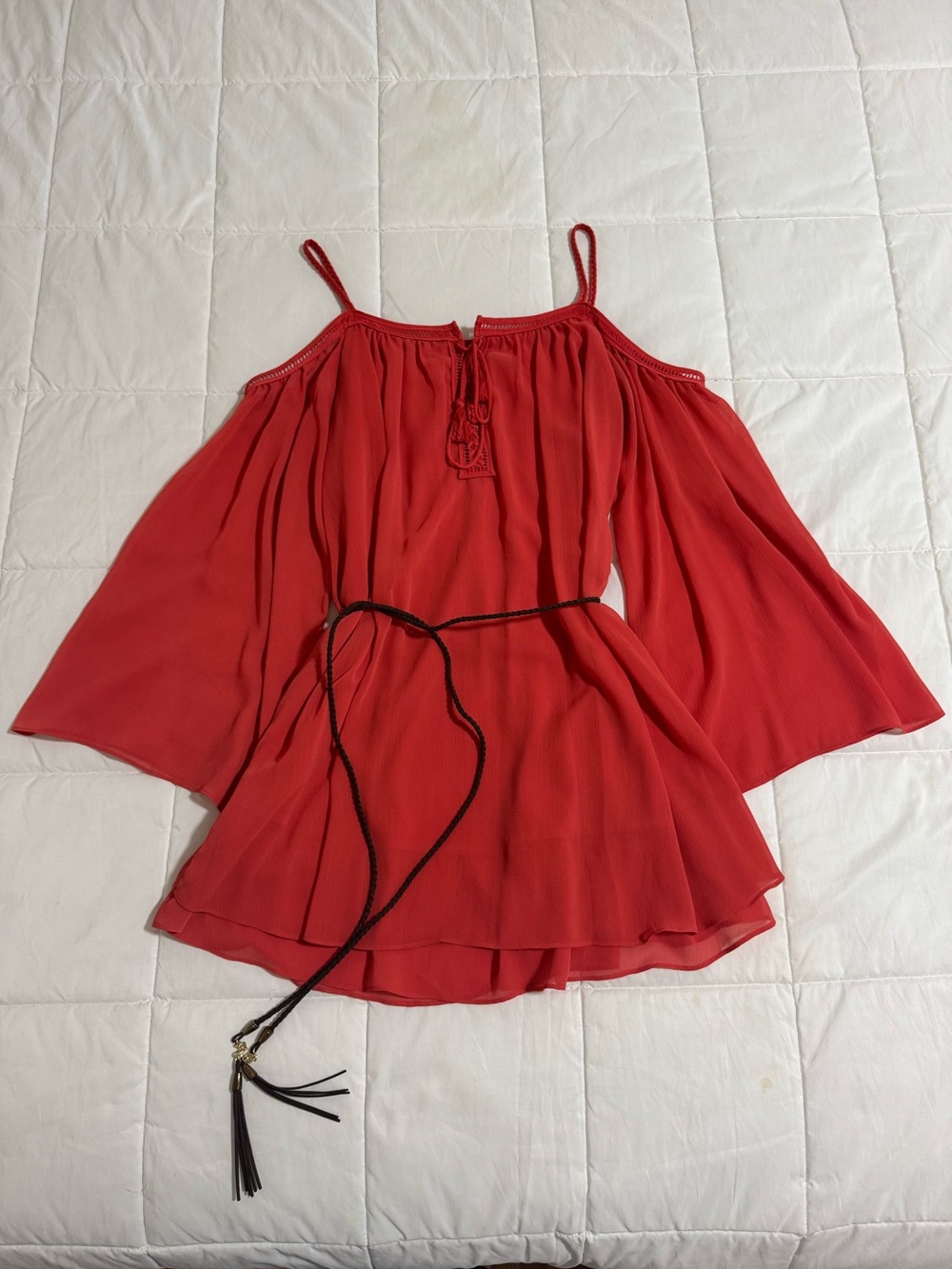 Coral Cold-Shoulder Boho Tunic with Tassel Belt